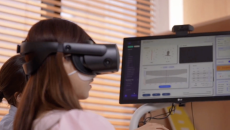 A patient undertaking the VR-based vertigo test by NeuroEars