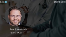 Dr. Steve Buslovich, PointClickCare_Doctor holding tablet with patient Photo by Jacob Wackerhausen/iStock/Getty Images Plus