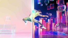 Digital interpretation of a man jumping from reality to a digital world