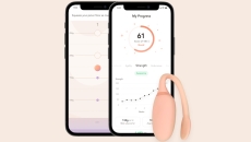 The Bloom sensor next to two smartphones displaying the corresponding app