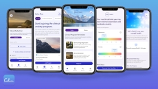 Multiple smartphones displaying the Calm Health offering including an anxiety and stress reduction program.