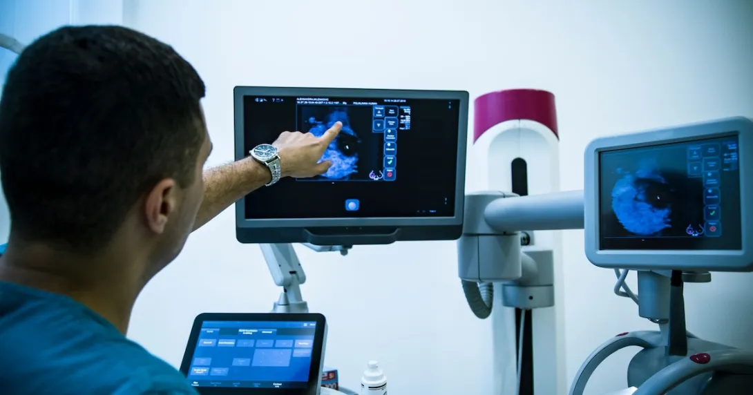 A doctor examining a mammogram