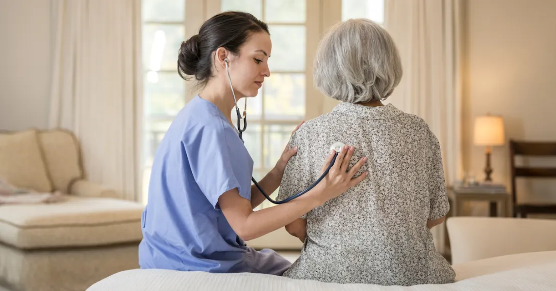 Person sitting on a bed with a healthcare professional taking vitals