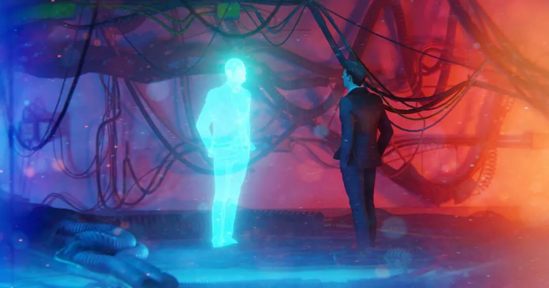 Person standing beside their digital twin in the metaverse