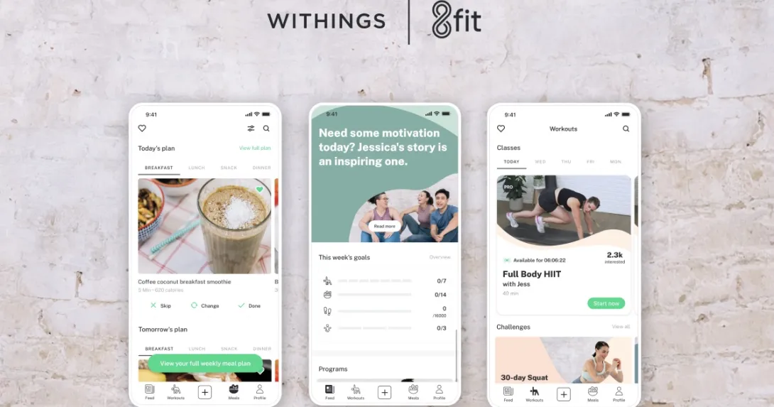 Images of smartphones displaying 8fit's app with workout classes and a meal plan