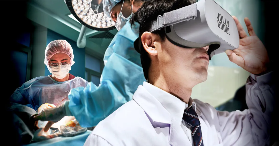 A user watching a live surgical procedure through the Jolly Good Operation Cloud VR 360-degree camera