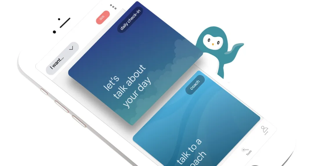 An image of a smartphone displaying the Wysa app, including options to start a daily check-in or chat with a coach.
